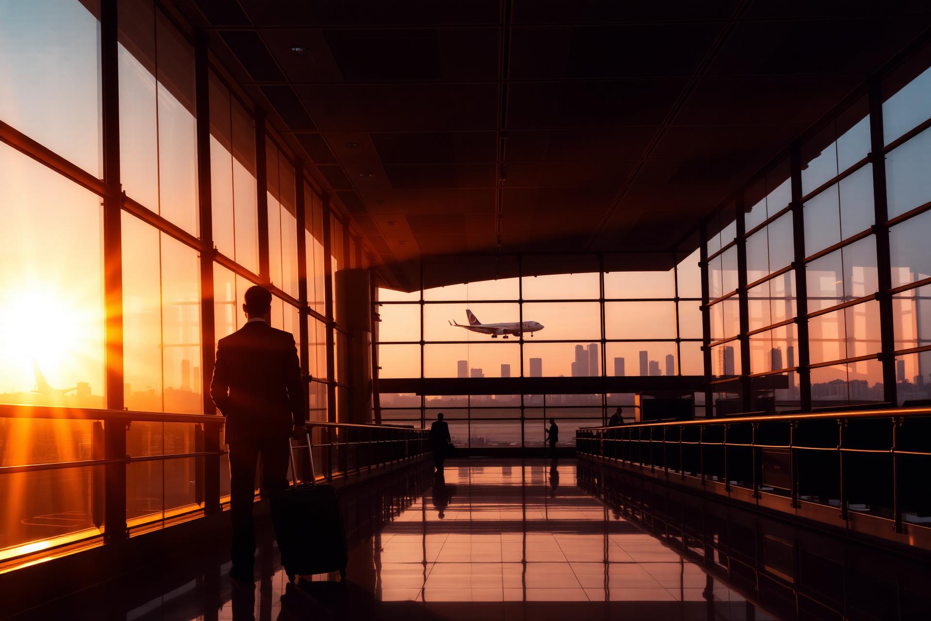 Traveller at airport at golden hour